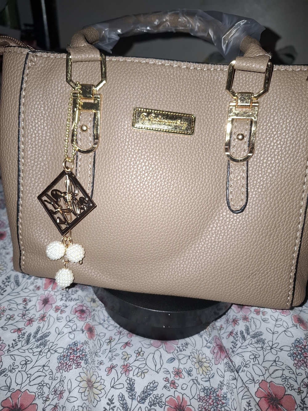 Women’s Tan Structured Satchel Handbag with Gold Hardware